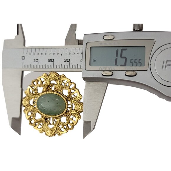 1928 Brand Gold Tone Scalloped Maltese Cross Design Round Aventurine Pin, K646 - Picture 7 of 8